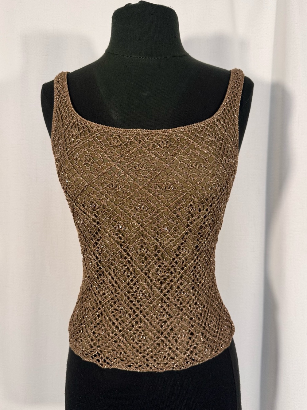 Carmen Marc Valvo Bronze Metallic Crochet Top